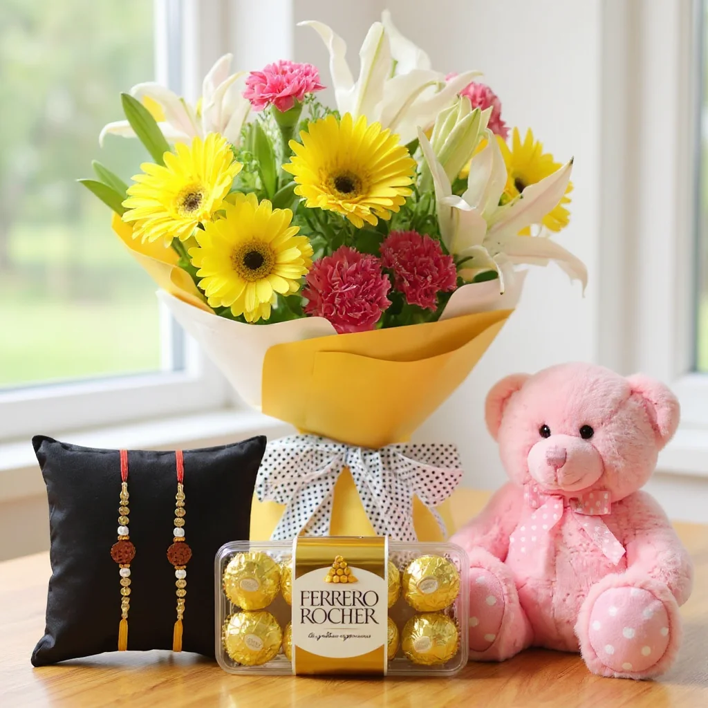 Bouquet of Yellow Roses & Orange Gerberas,Chocolates and Teddy with Free Rakhis