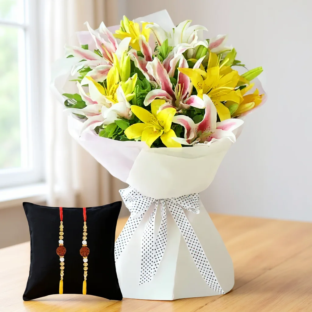 Bunch of Yellow Roses & Pink Lilies with a Free Rakhis