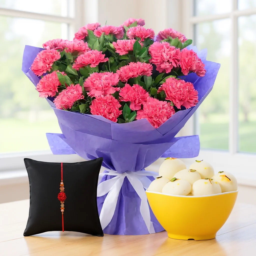 Carnations with Rasgullas & Rakhi