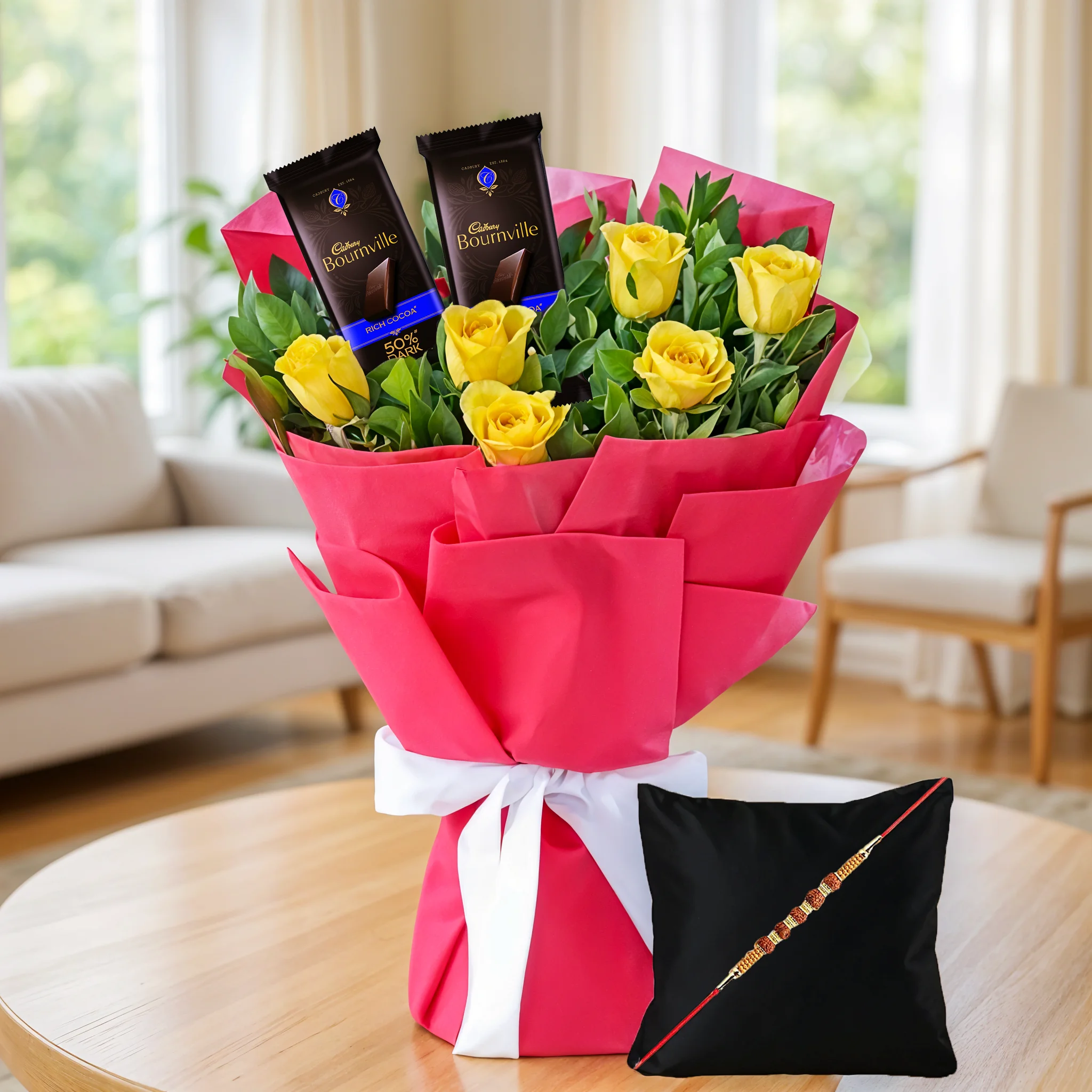 Flower Arrangement of Yellow Roses & Chocolates with Free Rakhi