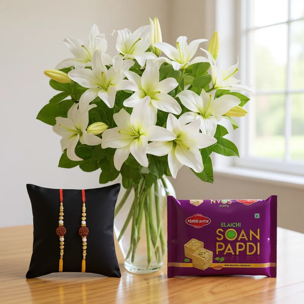 Lilies & Soan Papri with Rakhi