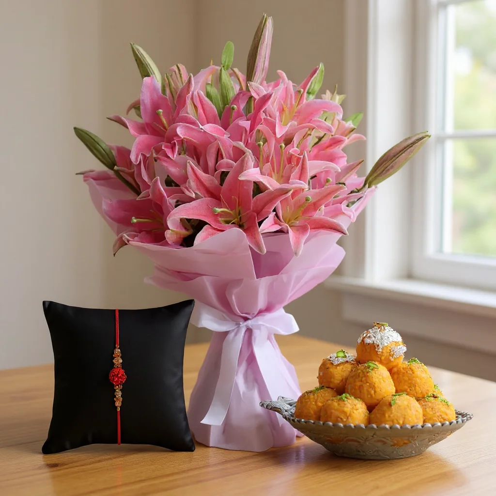 Lilies with Laddu and Rakhi
