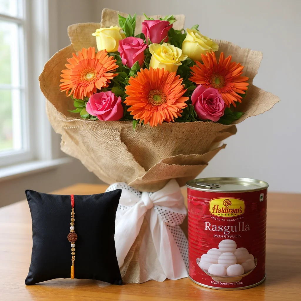 Mixed Bouquet with Rasgulla & Rakhi