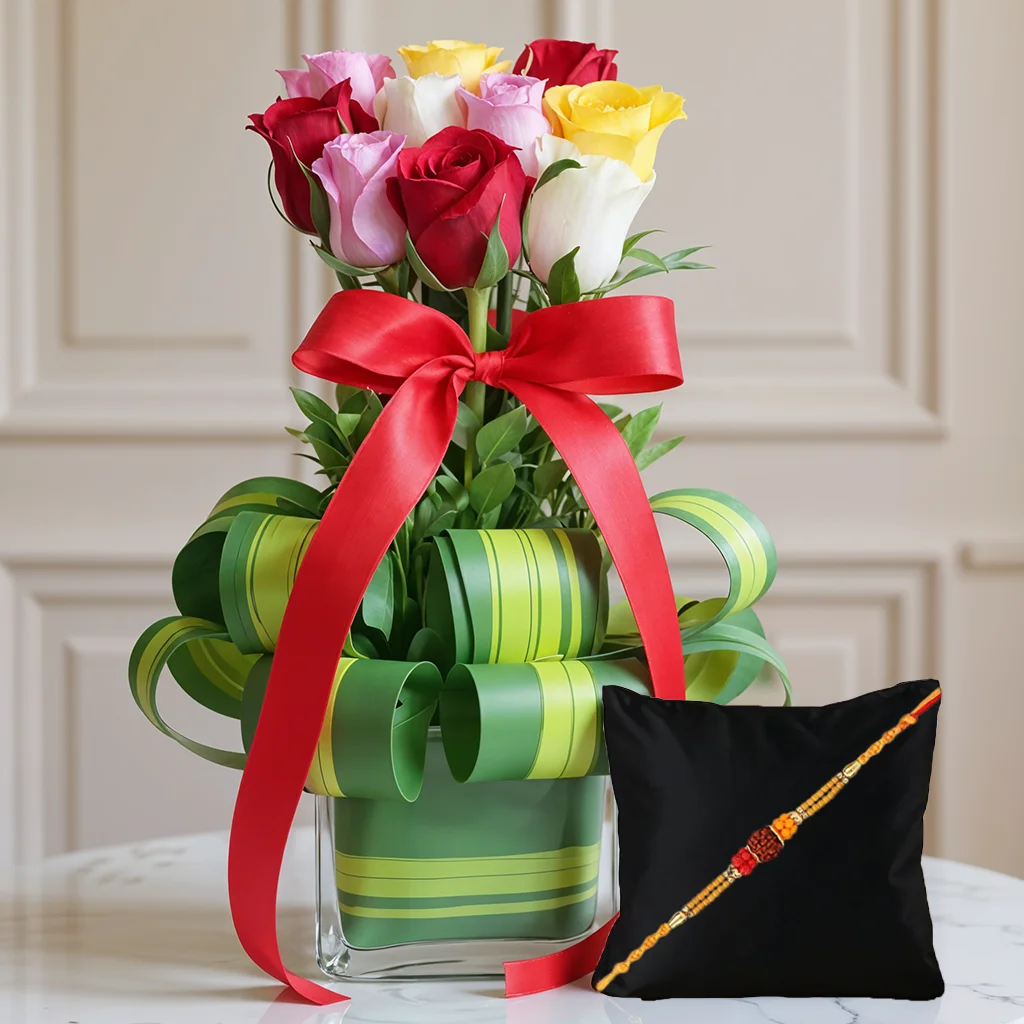 Mixed Color Roses in a Vase with a Rakhi