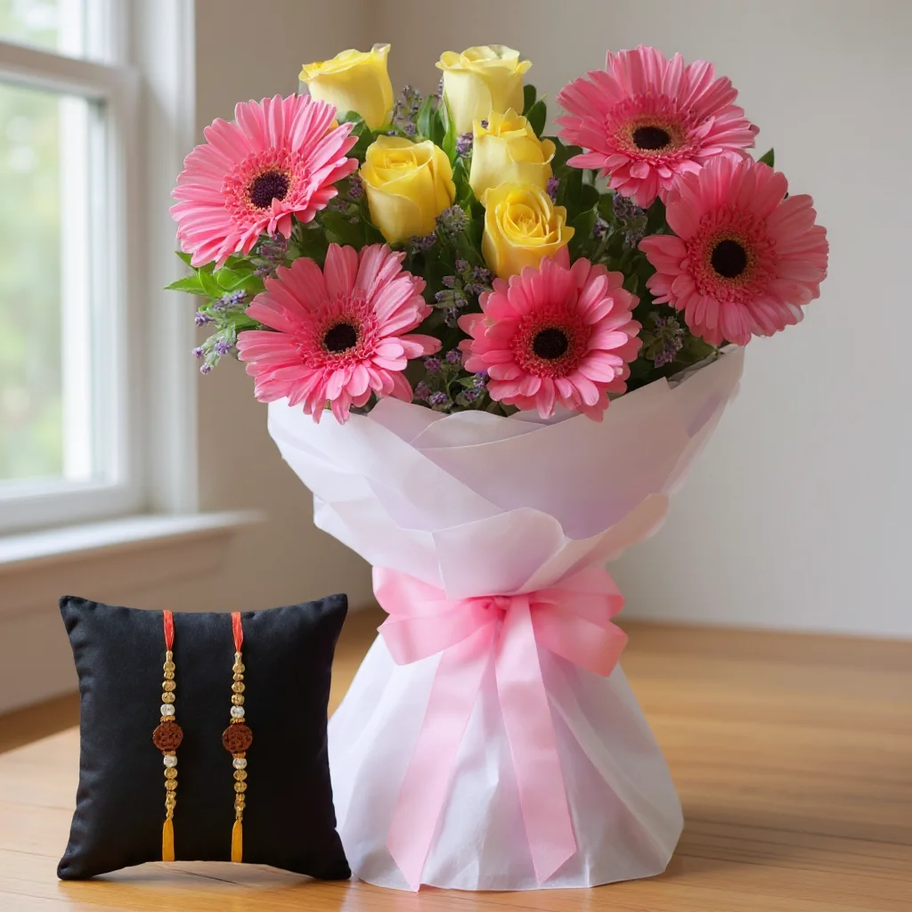 Bouquet of Pink Gerberas & Yellow Roses with Rakhis