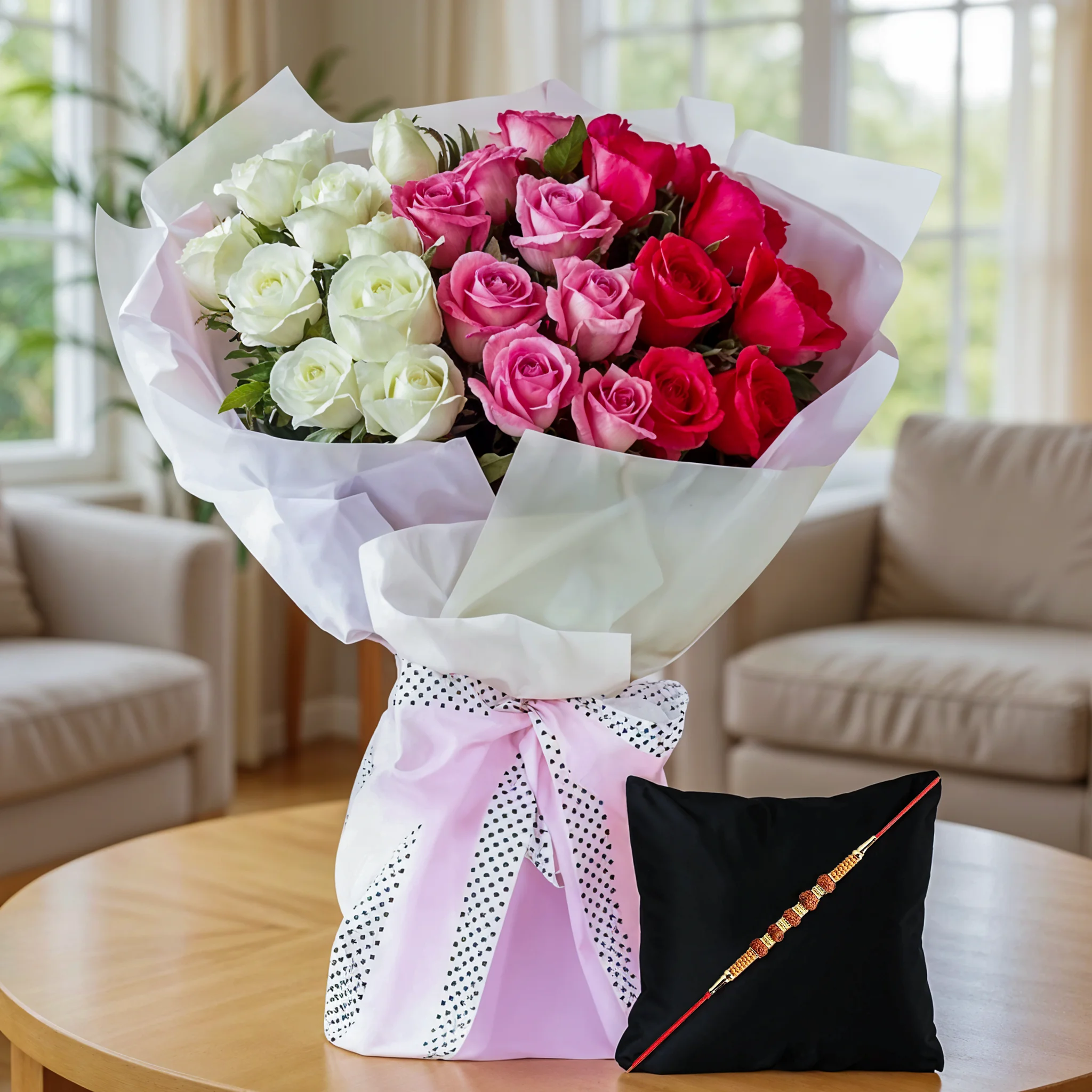 Bouquet of Red, Pink & White Roses with a Free Rakhi