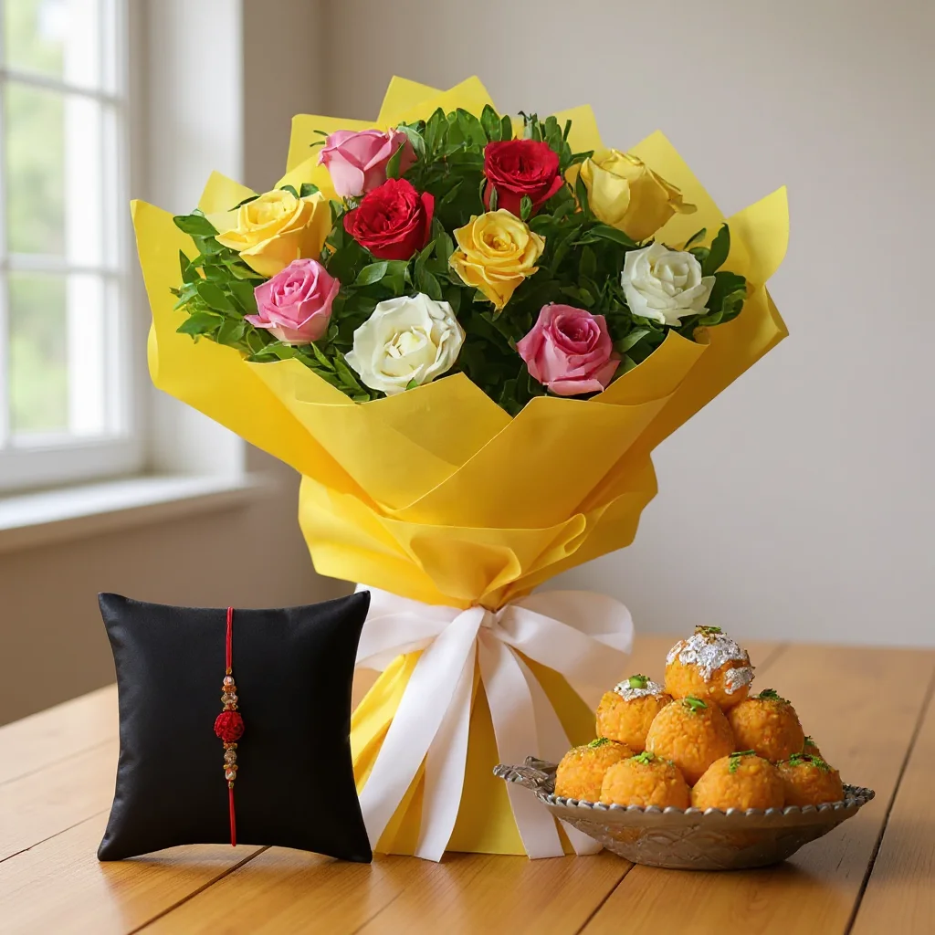 MIxed Roses with Laddu & Rakhi