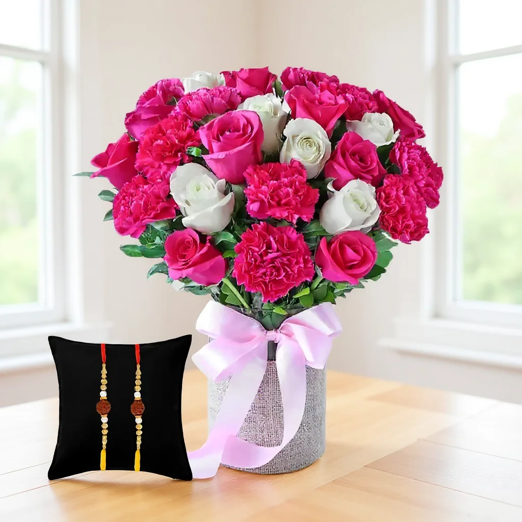 Pink Carnations, White & Pink Roses in a Vase with Rakhis