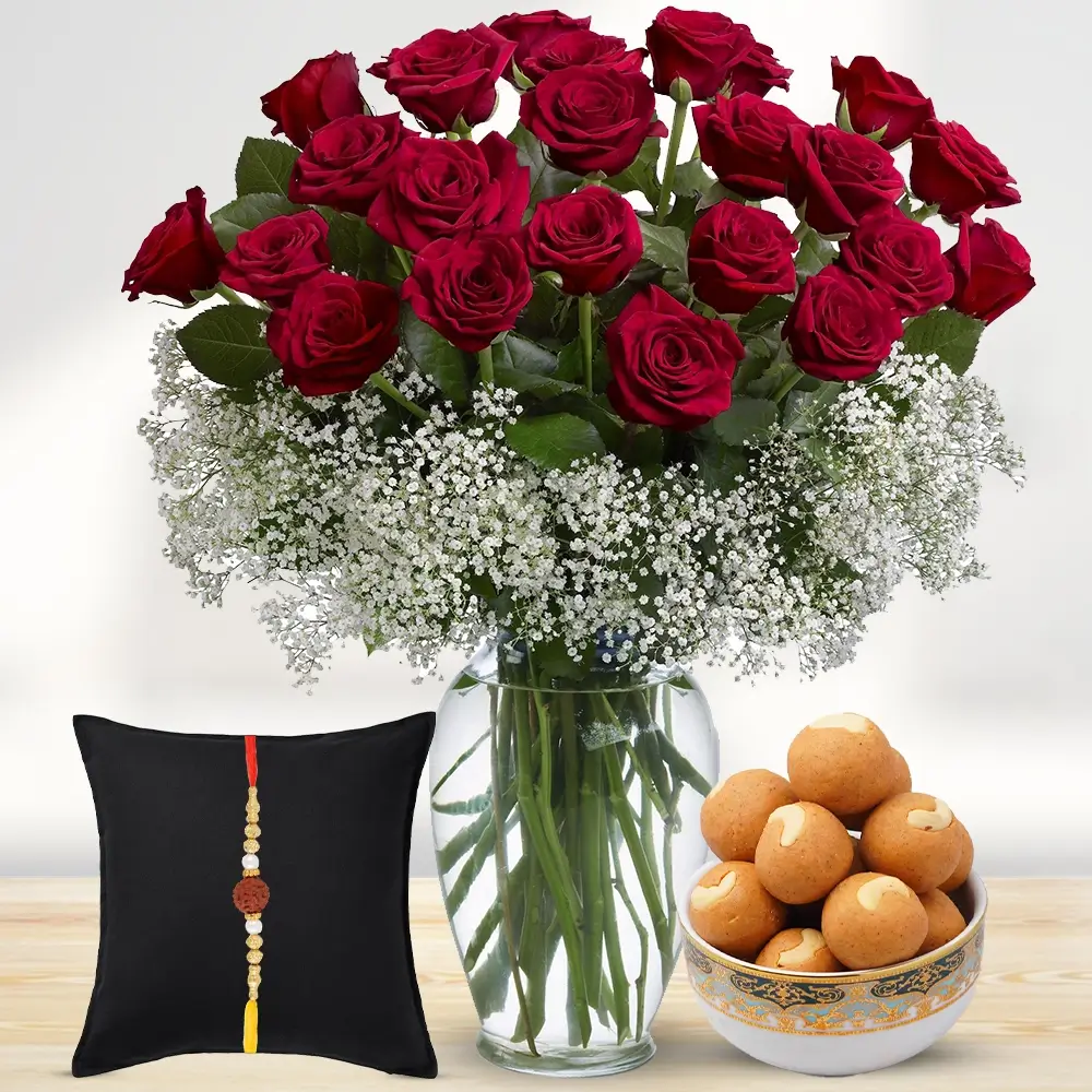 Red Roses in a Vase and Besan Laddu with Free Rakhi