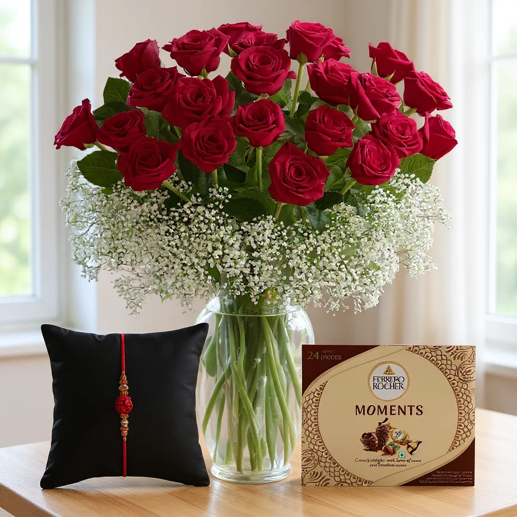 Red Roses in a Vase and Ferrero Rocher moments along with a Free Rakhi