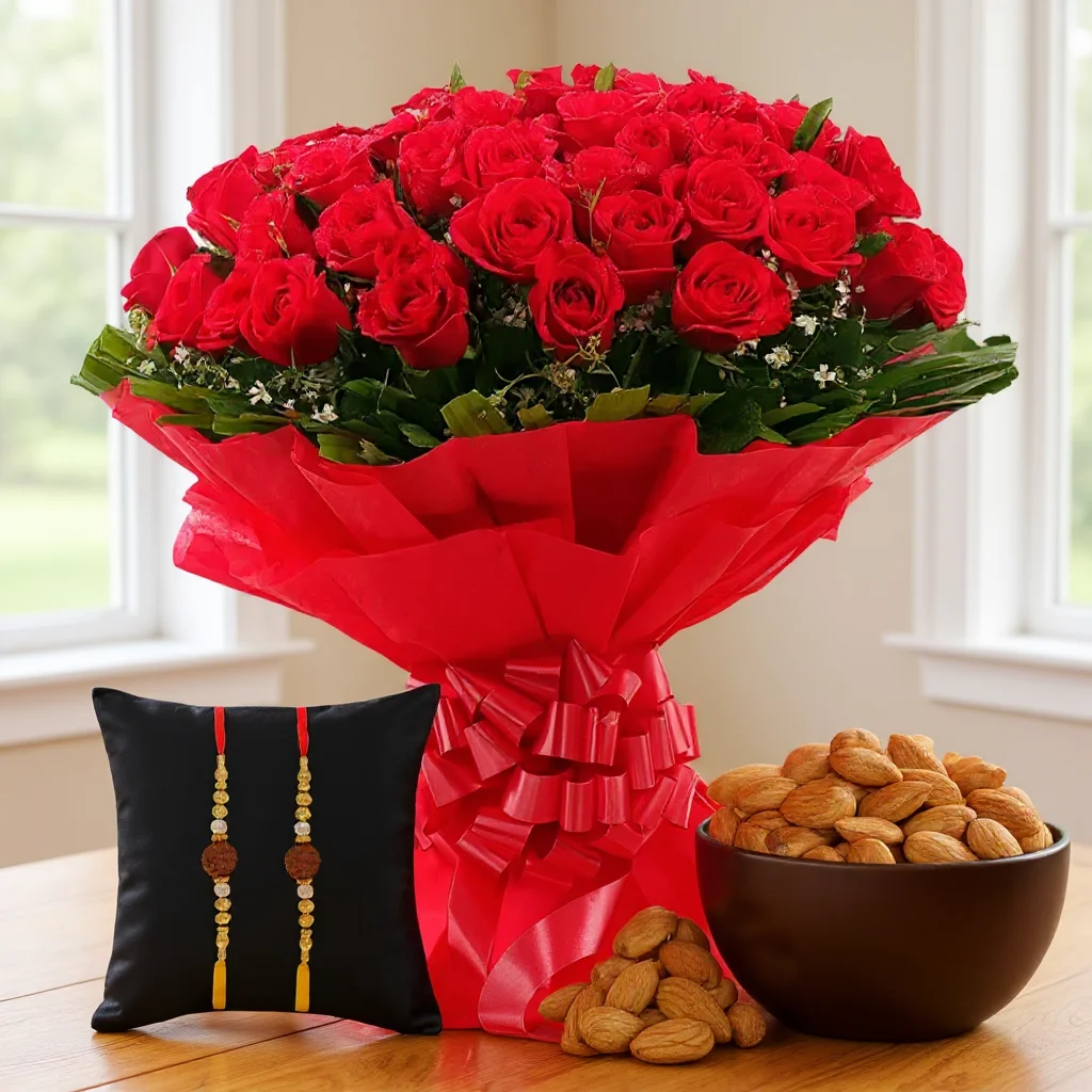 Red Roses with Almonds & Rakhi