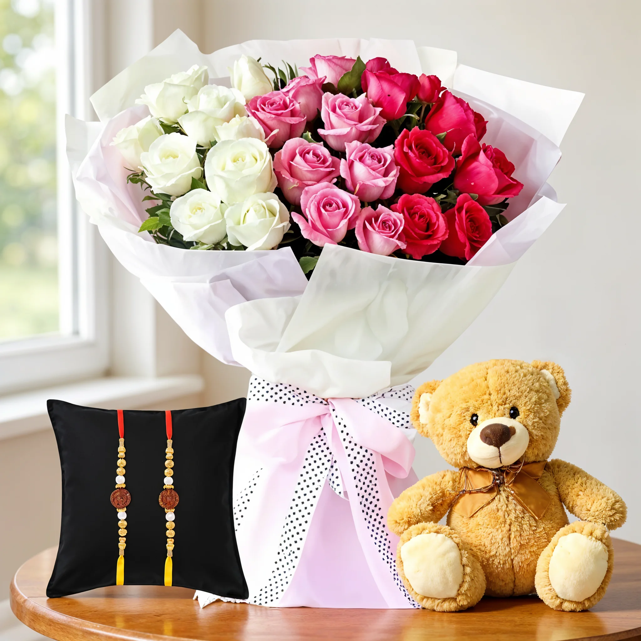 Roses with Teddy & Rakhi