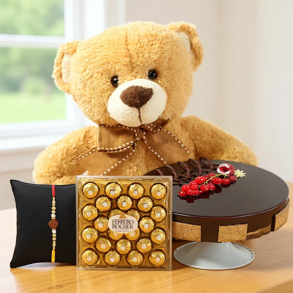 Teddy, Chocolate Cake and Ferrero Rocher with Free Rakhi
