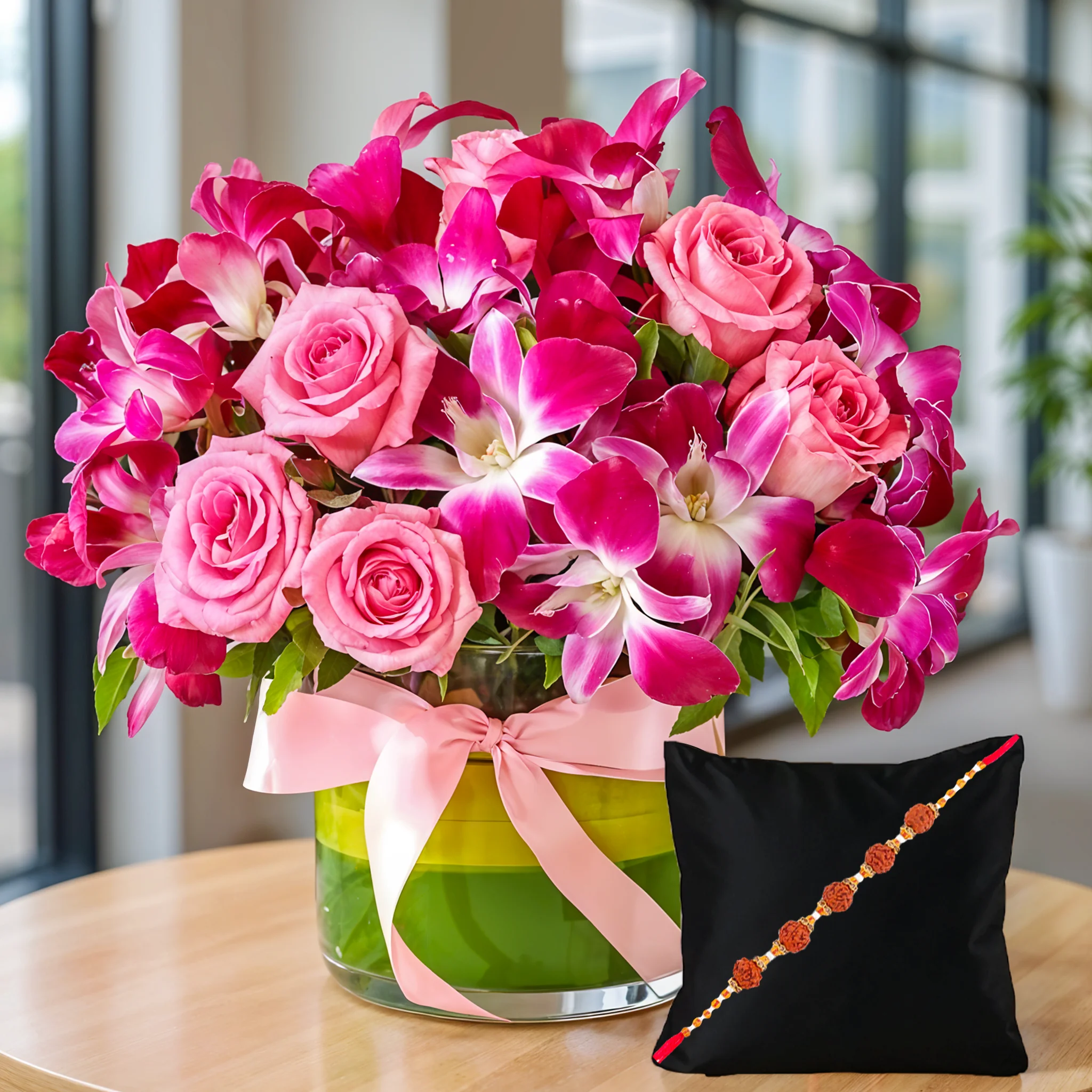 Purple Orchids & Pink Roses in a Vase with a Free Rakhi