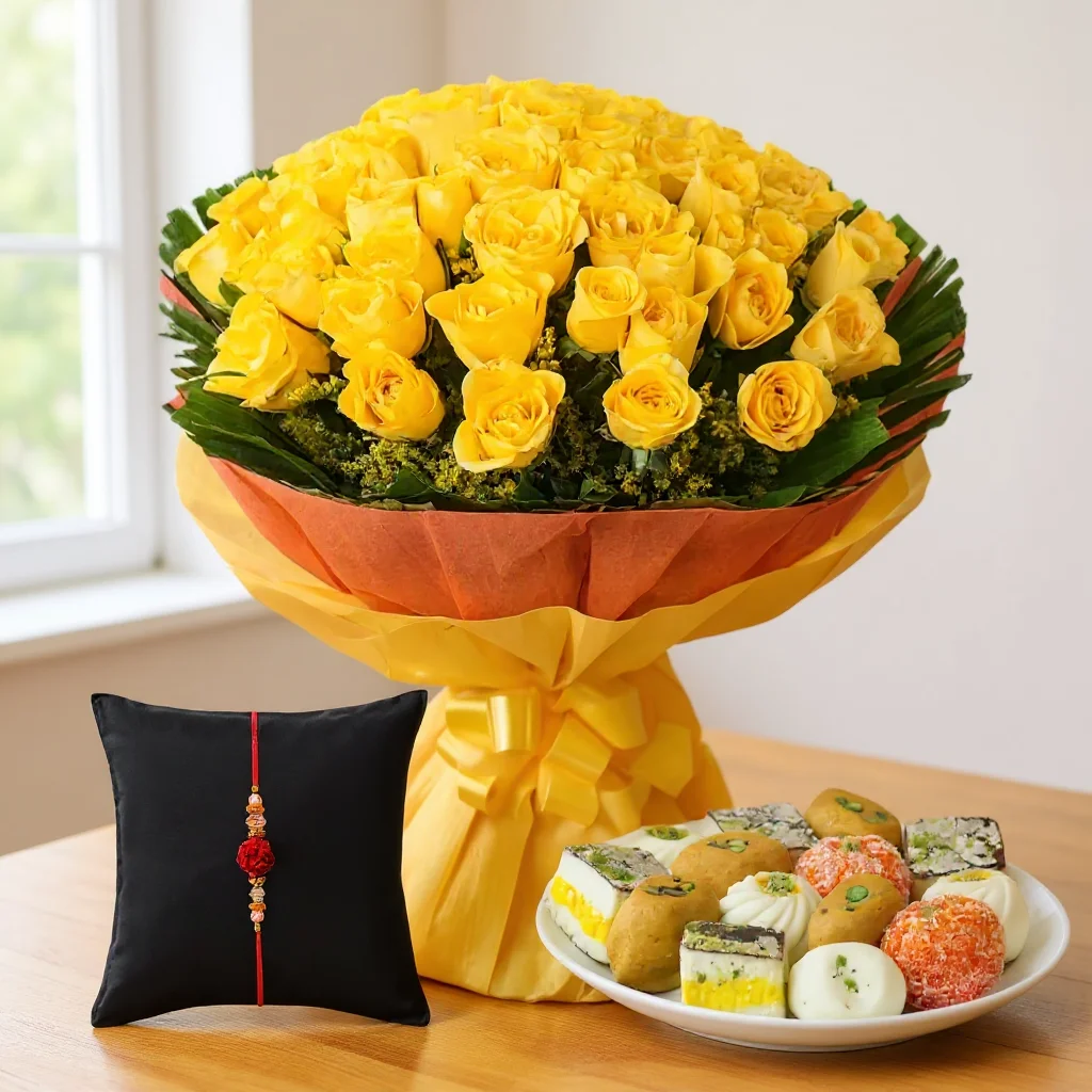 Yellow Roses with Mithai & Rakhi