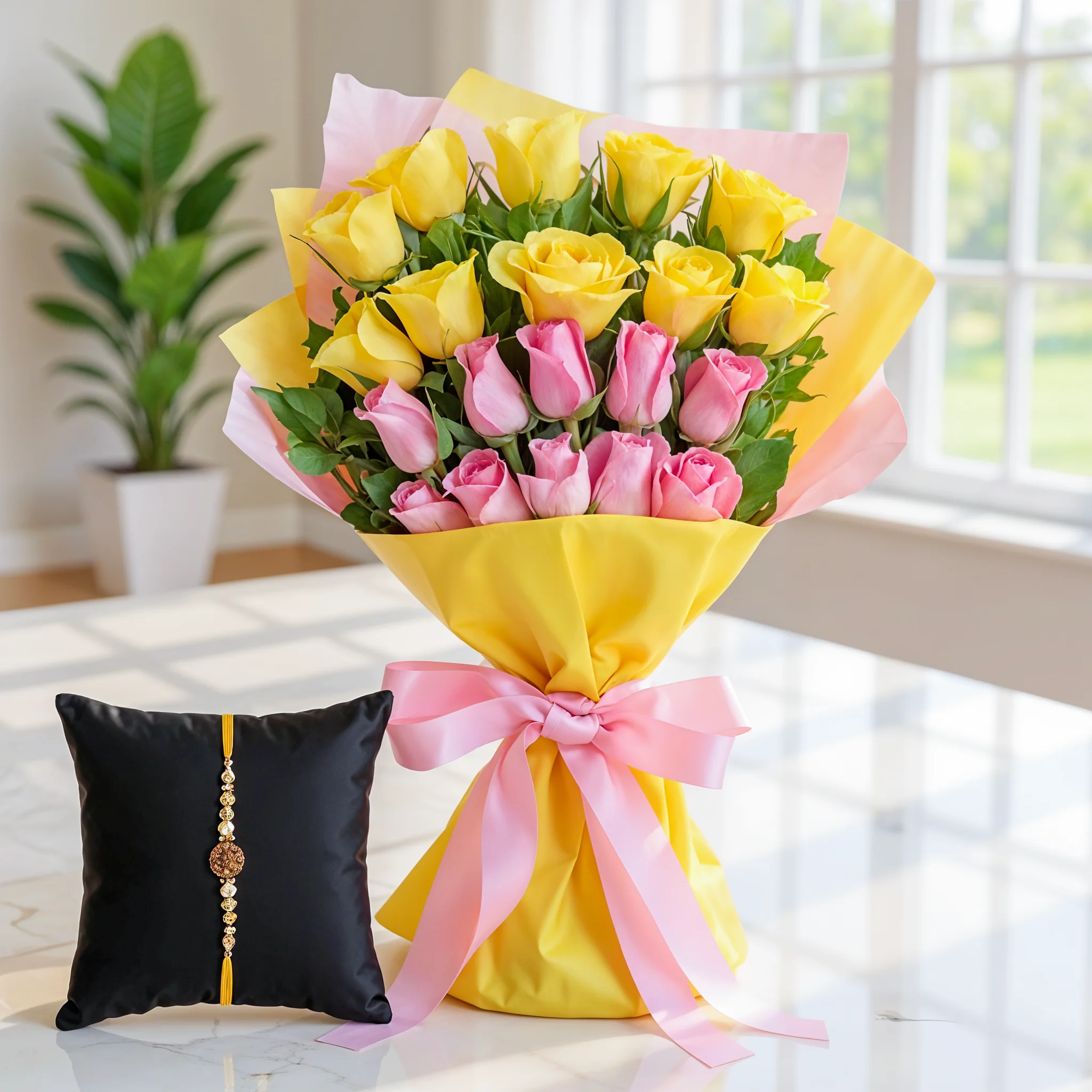 Bouquet of Yellow & Pink Roses with a Free Rakhi