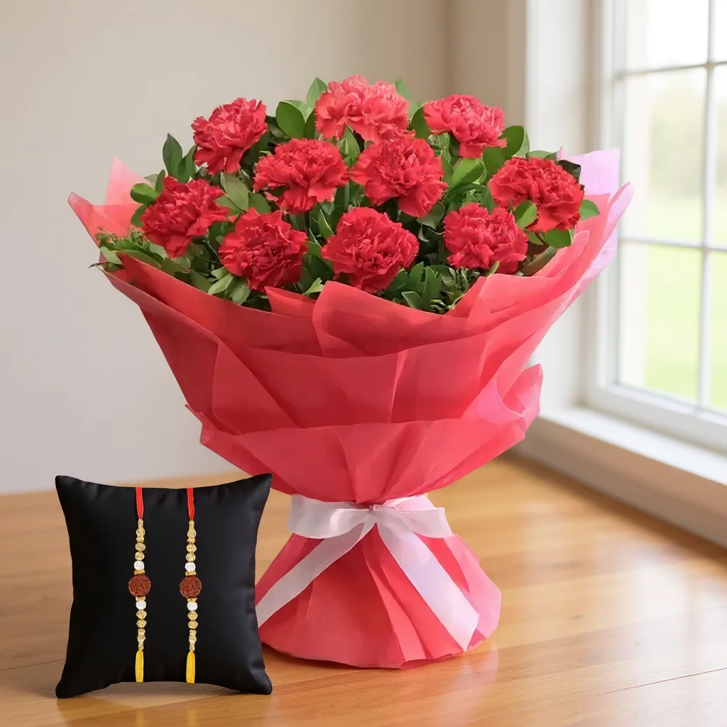 Bouquet of Red Carnations with 2 Free Rakhis