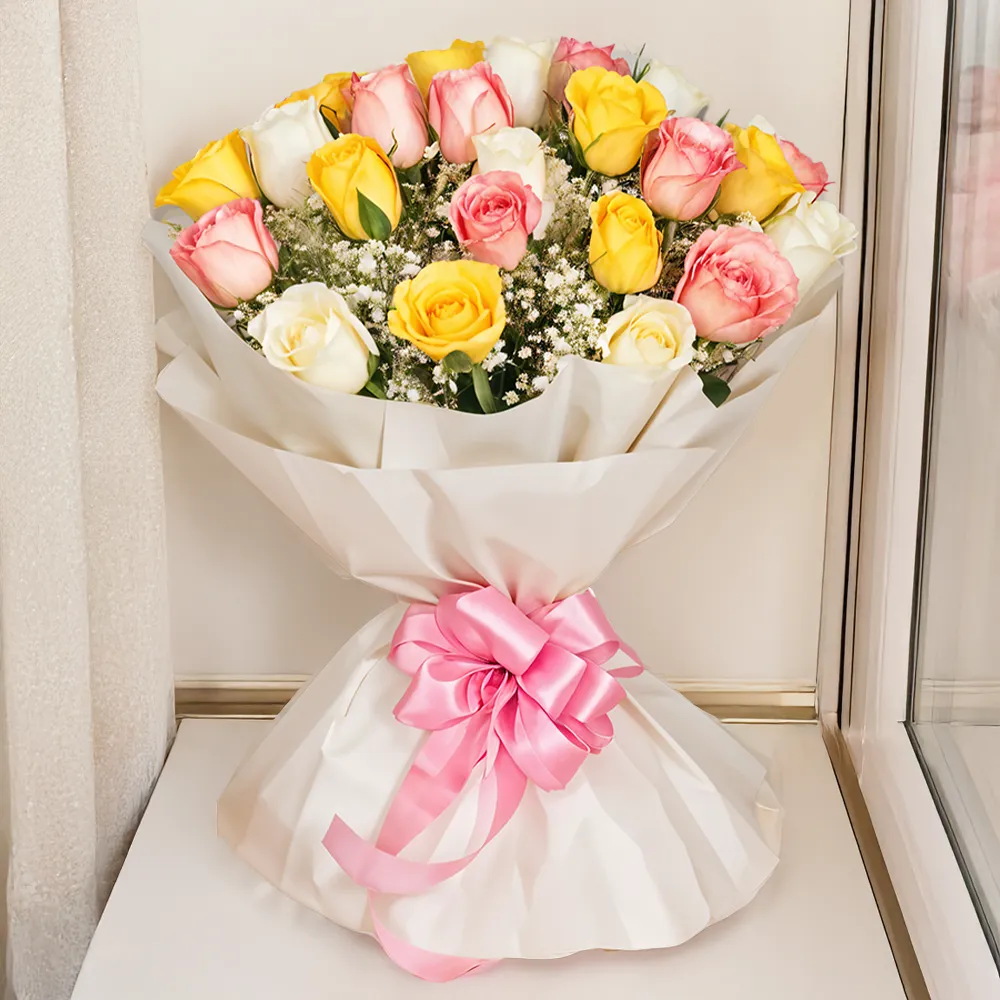 Bouquet of Pink, Yellow & White Roses