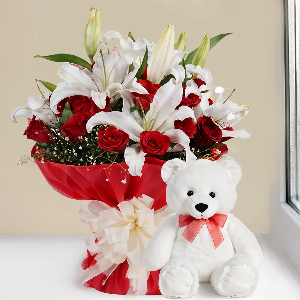 Bouquet of Lilies & Roses & Teddy